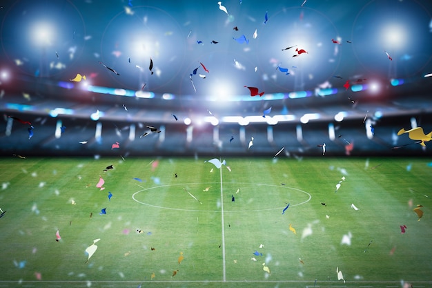 Celebrazione dei coriandoli della rappresentazione 3d con il fondo del campo di calcio