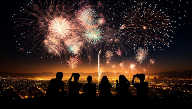 Celebrazione dei fuochi d'artificio del nuovo anno cinese con silhouette di persone che abbracciano lo spirito comunitario