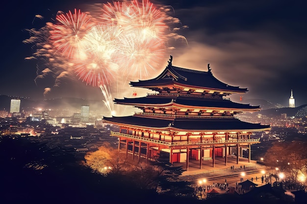 Celebrazione dei fuochi d'artificio sopra il Santuario di Asakusa di notte a Tokyo Giappone AI