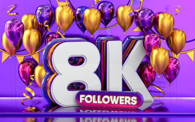 Celebrazione dei seguaci di 8k grazie banner sui social media con rendering 3d di palloncini viola e oro