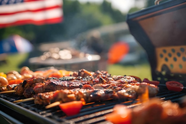 Celebrazione del 4 luglio Bandiera americana sventolata al barbecue nel parco che simboleggia l'unità e la libertà