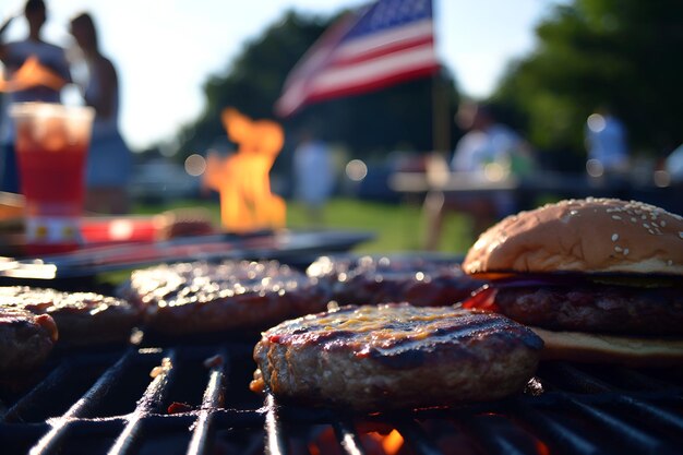 Celebrazione del 4 luglio Bandiera americana sventolata al barbecue nel parco che simboleggia l'unità e la libertà