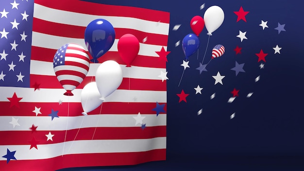 Celebrazione del 4 luglio, Giorno dell'Indipendenza degli Stati Uniti con una stella d'oro realistica e la bandiera degli Stati Uniti e confetti colorati festivi Border3d rendering