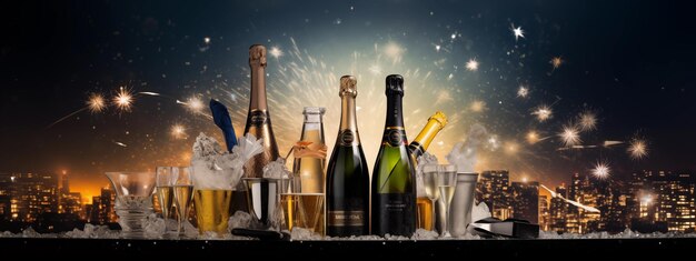 Celebrazione del Capodanno 2024 con bottiglie di champagne e bicchieri e fuochi d'artificio che scoppiano