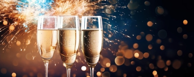 Celebrazione del Capodanno con fuochi d'artificio e bicchieri di champagne