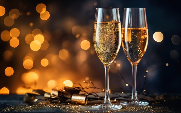 Celebrazione del Capodanno sullo sfondo di una bottiglia di champagne