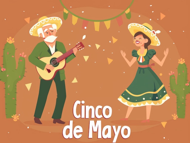 Celebrazione del Cinco de Mayo con un uomo e una donna in abiti tradizionali messicani che ballano e suonano la chitarra