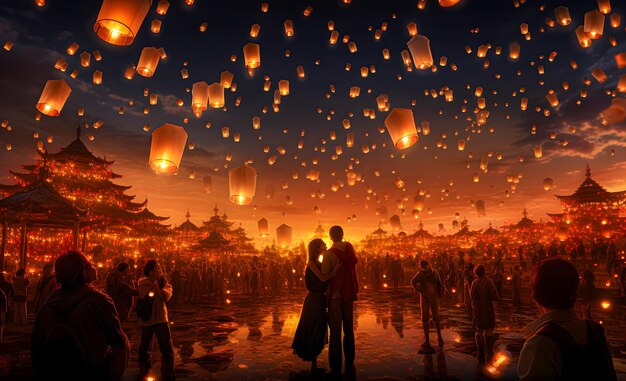 Celebrazione del crepuscolo con le lanterne del cielo in fiamme