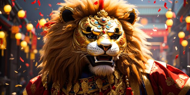 Celebrazione del felice anno nuovo con il personaggio della maschera di leone