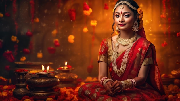 Celebrazione del festival Teej belle donne indiane in sari rosso