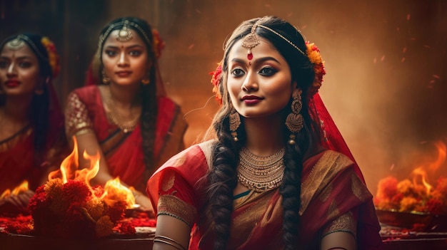 Celebrazione del festival Teej belle donne indiane in sari rosso