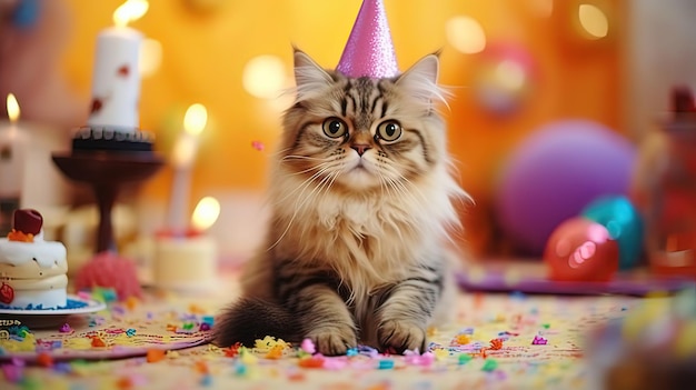 Celebrazione del gattino della festa di compleanno del gatto con tortaGenerative ai