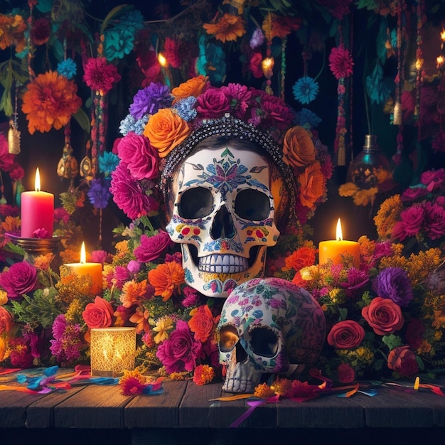 Celebrazione del giorno dei morti decorazioni colorate candele e teschi decorati con fiori