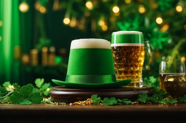 Celebrazione del giorno di San Patrizio 3D con Podium Beer Glass e Green Hat su sfondo verde