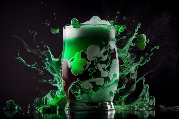 Celebrazione del giorno di San Patrizio con bevanda verde su sfondo nero e verde AI Generato