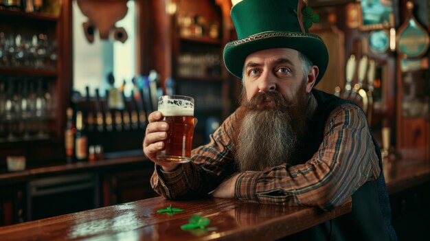 Celebrazione del giorno di San Patrizio Uomo barbuto in costume festivo con bicchiere di birra al pub vintage