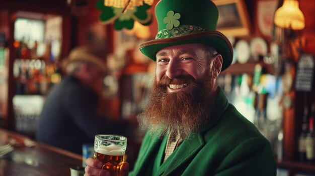 Celebrazione del giorno di San Patrizio Uomo barbuto in costume festivo con bicchiere di birra al pub vintage