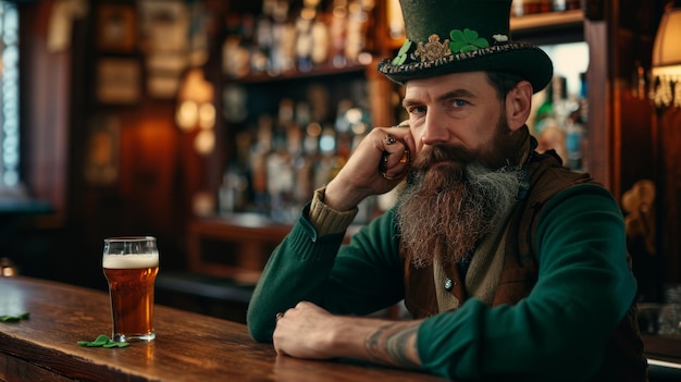 Celebrazione del giorno di San Patrizio Uomo barbuto in costume festivo con bicchiere di birra al pub vintage
