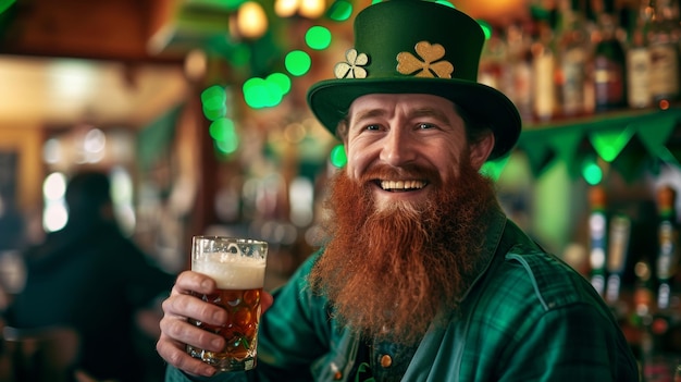 Celebrazione del giorno di San Patrizio Uomo barbuto in costume festivo con bicchiere di birra al pub vintage