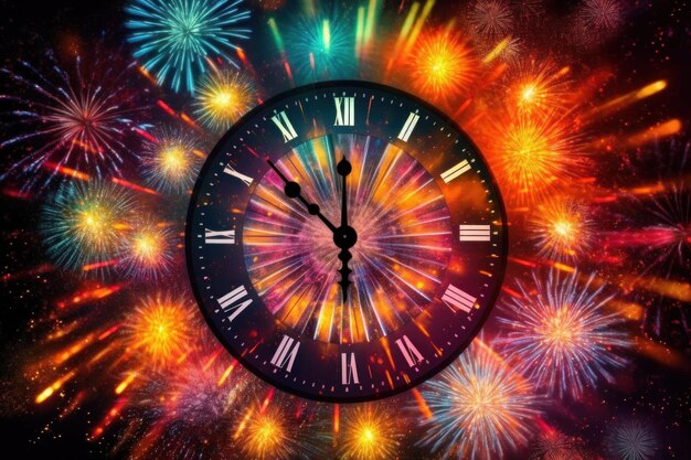Celebrazione del nuovo anno conto alla rovescia fino a mezzanotte orologio e fuochi d'artificio AI generativo