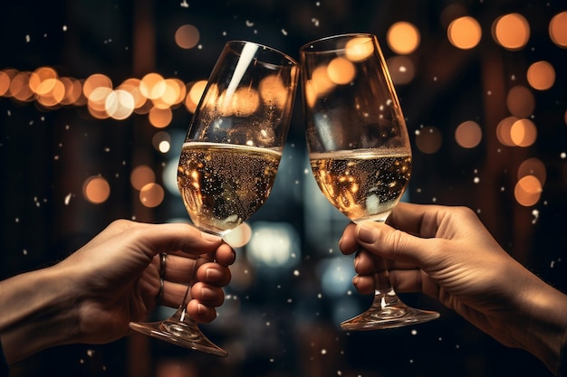 Celebrazione del nuovo anno due mani acclamanti con due bicchieri di champagne scintillanti