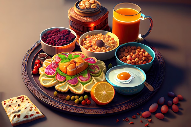 Celebrazione del ramadan con una meravigliosa tavola piena di pasti e bevande cultura musulmana araba