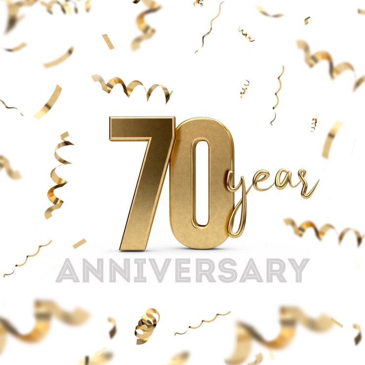 Foto celebrazione dell'anniversario di 70 anni numero d'oro con coriandoli dorati
