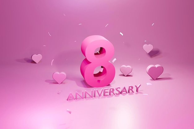 Celebrazione dell'anniversario di 8 anni su sfondo rosa chiaro rendering 3d