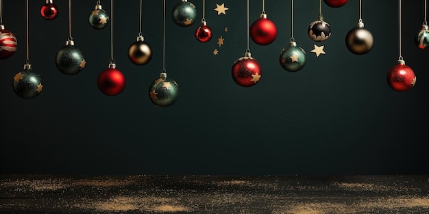 Celebrazione dell'avvento di Natale sfondo di vacanza striscione panoramico biglietto di auguri ornamenti appesi di lusso rossi e verdi su consistenza nera