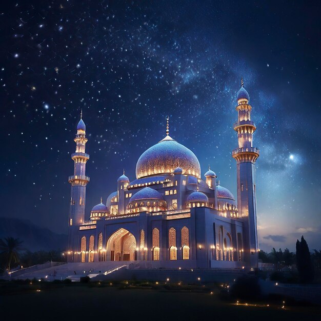 Celebrazione dell'Eid al-Fitr La moschea brilla sotto il cielo notturno stellato con la mezzaluna