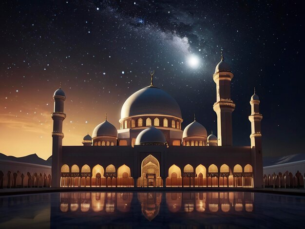 Celebrazione dell'Eid al-Fitr La moschea brilla sotto il cielo notturno stellato con la mezzaluna