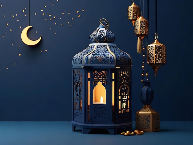Celebrazione dell'Eid Mubarak islamico e della lanterna Eid al Adha su uno sfondo nero chiaro
