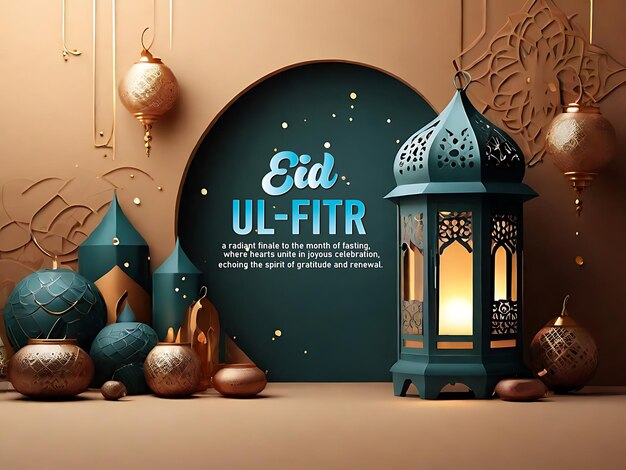 Celebrazione dell'Eid Mubarak islamico e della lanterna Eid al-Fitr su uno sfondo nero chiaro