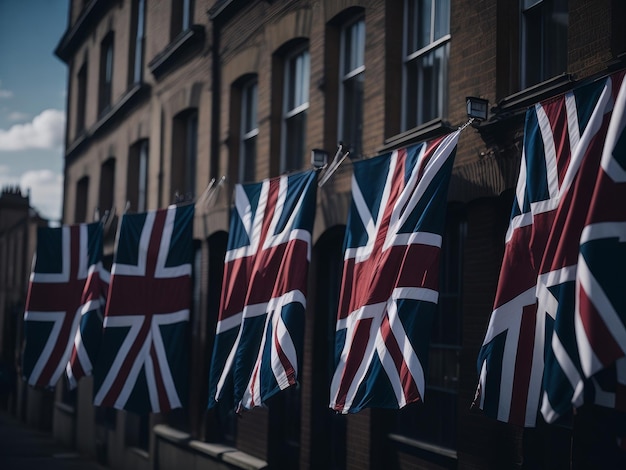 Celebrazione dell'Union Jack in Inghilterra con bandiere appese in strada AI Generato