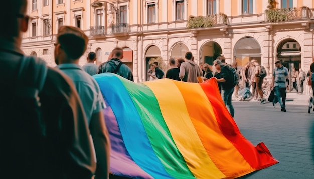 Celebrazione della diversità Processione in onore dei diritti LGBT con bandiere arcobaleno Generative AI