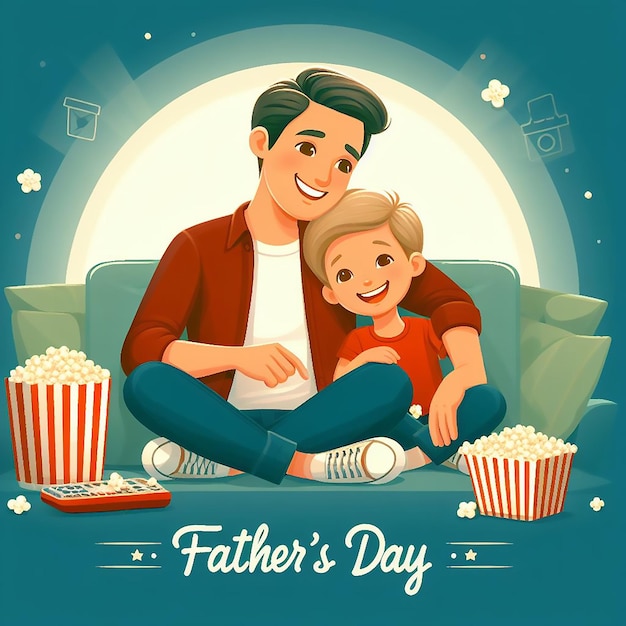 Celebrazione della Festa dei Padri padre e figlio che guardano un film insieme la sera generata da AI