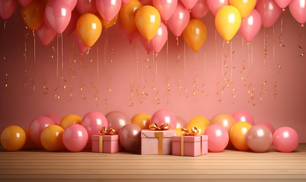 celebrazione della festa di compleanno con foto con palloncini colorati e regali