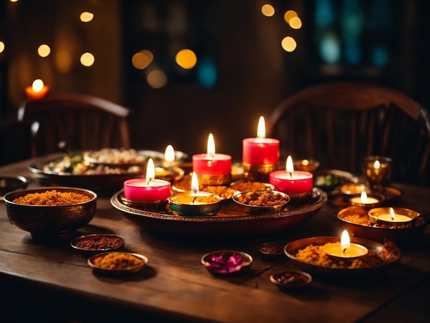 Celebrazione della festa di Diwali a casa tavolo di legno con decorazioni e dolci