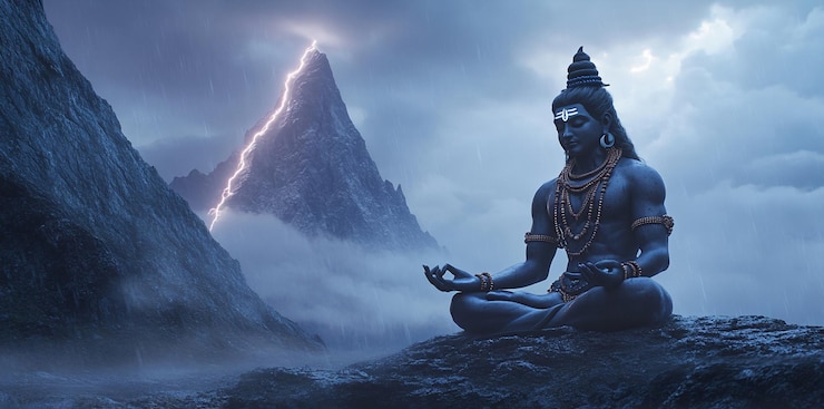 Celebrazione della festa di Maha Shivratri il dio indù Shiva sullo sfondo di luci magiche