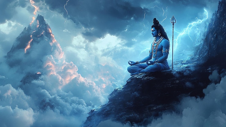 Celebrazione della festa di Maha Shivratri il dio indù Shiva sullo sfondo di luci magiche