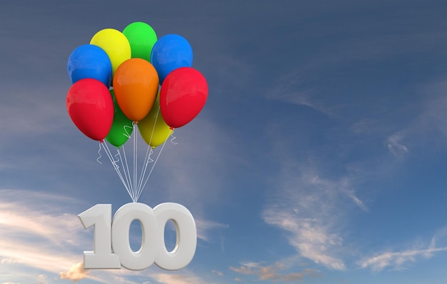 Celebrazione della festa numero 100 Numero allegato a un mazzo di palloncini Rendering 3D