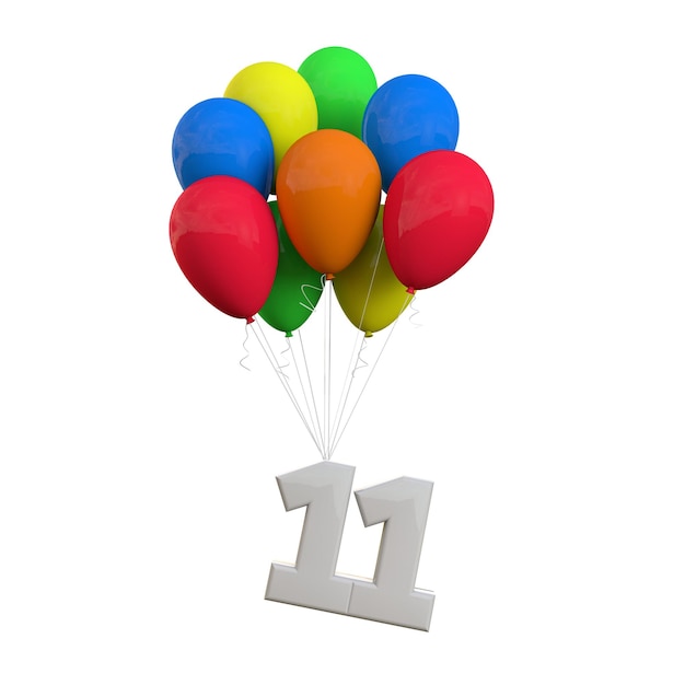 Celebrazione della festa numero 11 Numero allegato a un mazzo di palloncini Rendering 3D