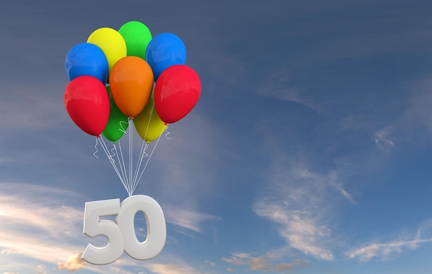 Celebrazione della festa numero 50 Numero allegato a un mazzo di palloncini Rendering 3D