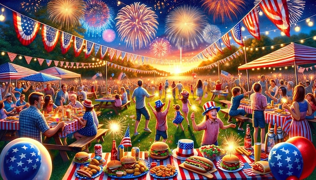 Celebrazione della Giornata dell'Indipendenza degli Stati Uniti d'America bandiera con fuochi d'artificio sullo sfondo per il 4 luglio