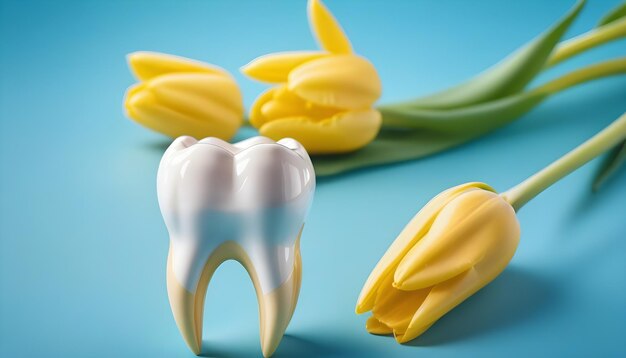 Celebrazione della Giornata nazionale dei dentisti Dente e tulipani illuminati dal sole su uno sfondo blu vibrante