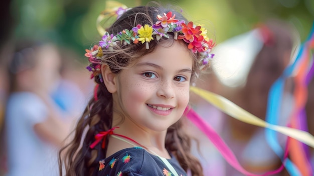 Celebrazione della primavera Ragazza gioiosa che balla con le amiche al Festival del colorato giramento dei nastri