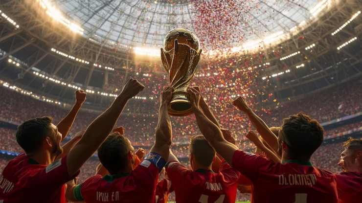 Foto celebrazione della vittoria mentre i giocatori sollevano il trofeo della coppa del mondo sotto le luci dello stadio