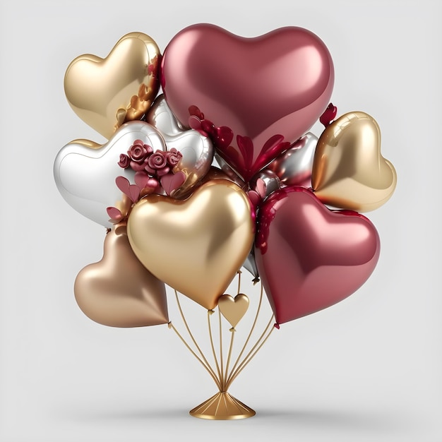 Celebrazione delle vacanze. Decorazione per la festa di San Valentino. Palle d'aria a forma di cuore color oro metallizzato