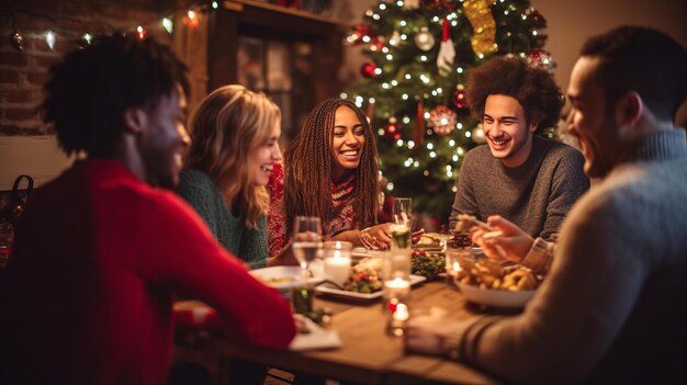 celebrazione delle vacanze e concetto di persone amici multietnici felici che cenano a casa a casa