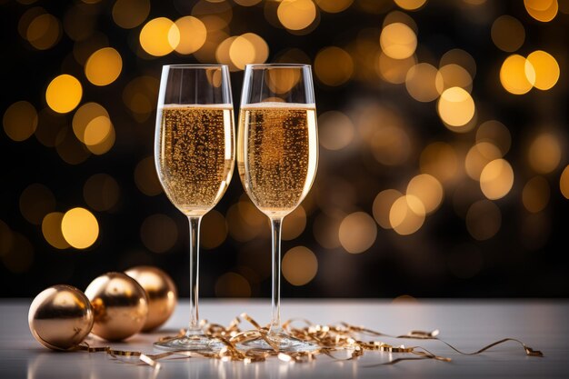 Celebrazione dello champagne Tavolo bianco con due bicchieri Decorazione natalizia Sfondio scuro Luci sfocate
